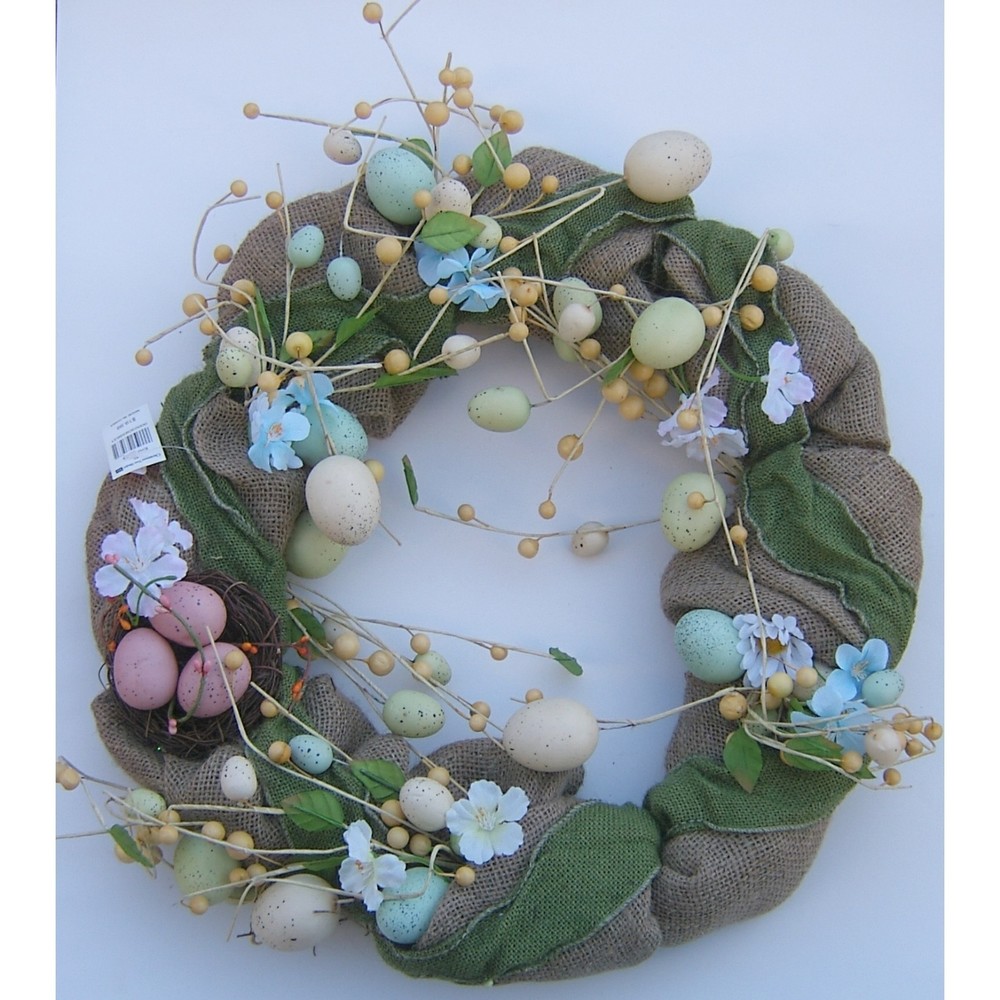 Easter Wreath Burlap Eggs Nest Spring Flowers Natural Country Front Door Decor